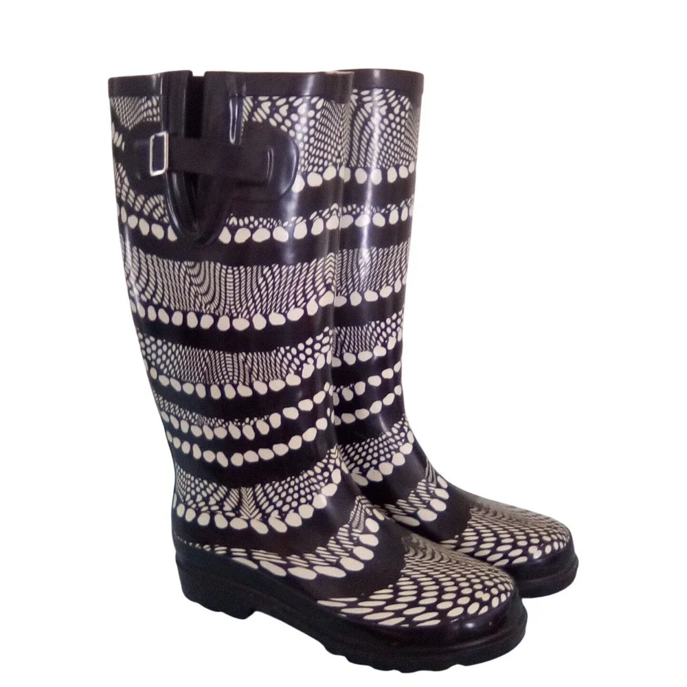 ShedRain Women Black‎ White Optical Illusion Print Tall Rubber Rain Boots Size 7
